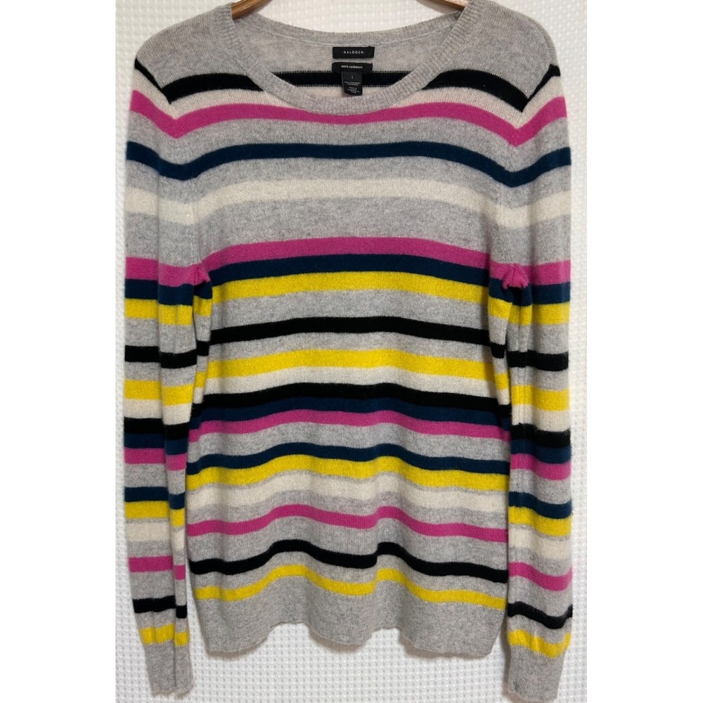 Halogen 100% Cashmere Size L Sweater Crew Neck Striped Pullover a5.